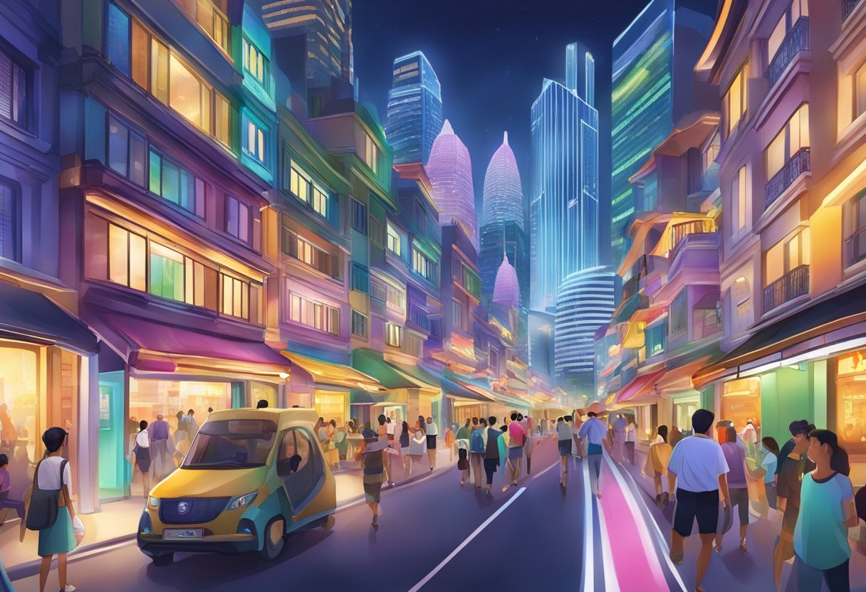 A vibrant cityscape with colorful lights and bustling streets, showcasing the lively atmosphere of the DuoZouLu Experience in Singapore