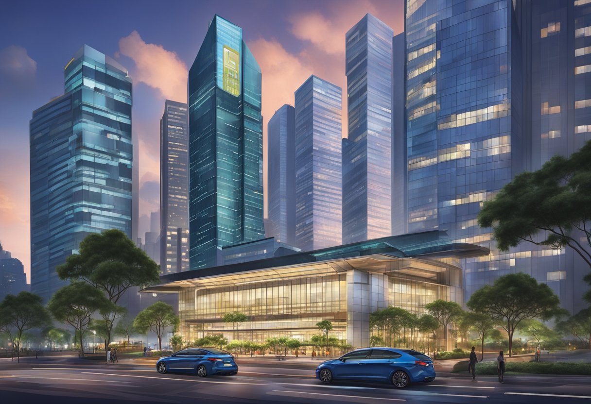 The iconic Link Hotel in Singapore stands tall against a backdrop of modern skyscrapers, with its sleek, glass exterior reflecting the vibrant city lights