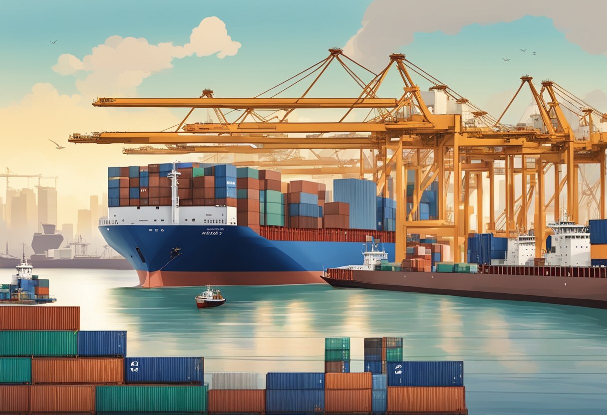 A bustling port in Singapore with cargo being loaded onto ships