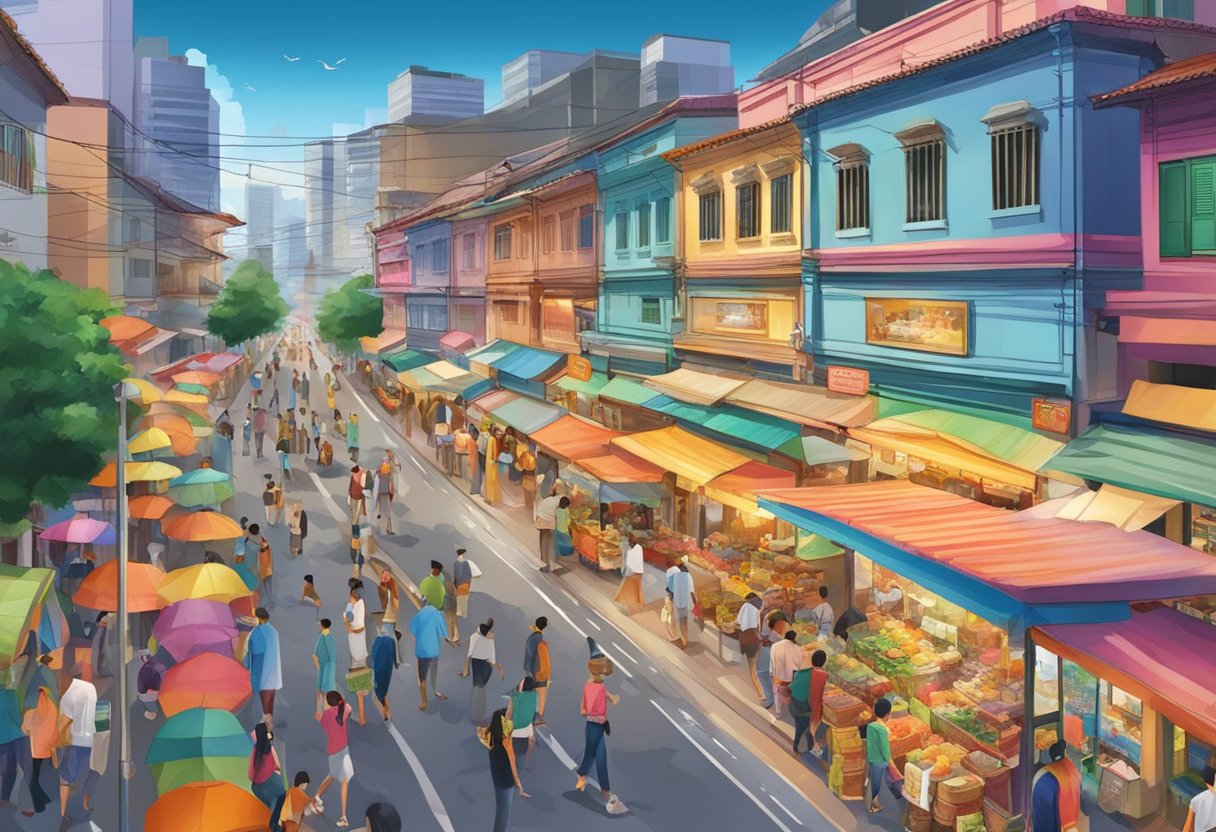 A bustling street in Isca Singapore, with colorful buildings and vibrant street vendors