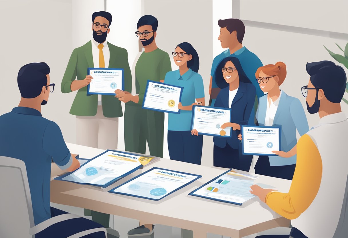 A group of professionals holding ISCA membership certificates and qualifications, displayed on a table with the ISCA logo in the background
