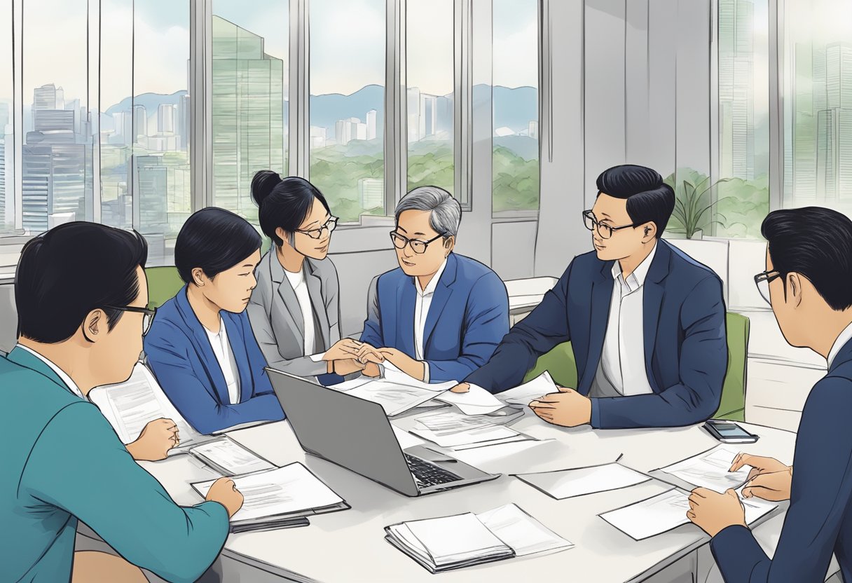 A group of professionals engage in discussions and review documents at the Advocacy and Professional Standards office in Singapore