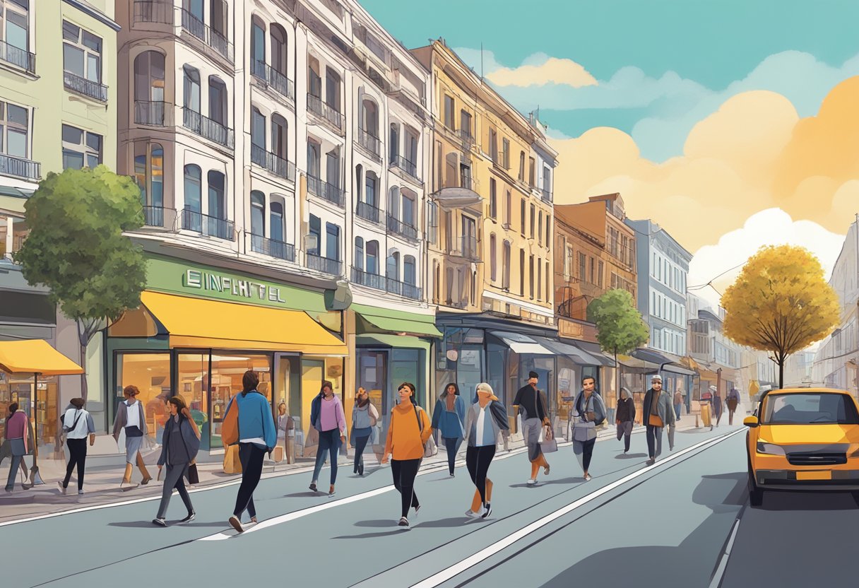 People walking through vibrant streets, passing by local shops and cafes, with the iconic Neighbourhood link hotel in the background