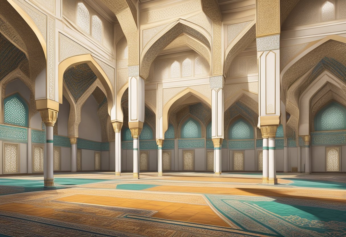 A mosque interior with a prominent kiblat wall indicating the direction of Mecca. Decorative elements and a serene atmosphere convey the significance of kiblat in Islamic worship