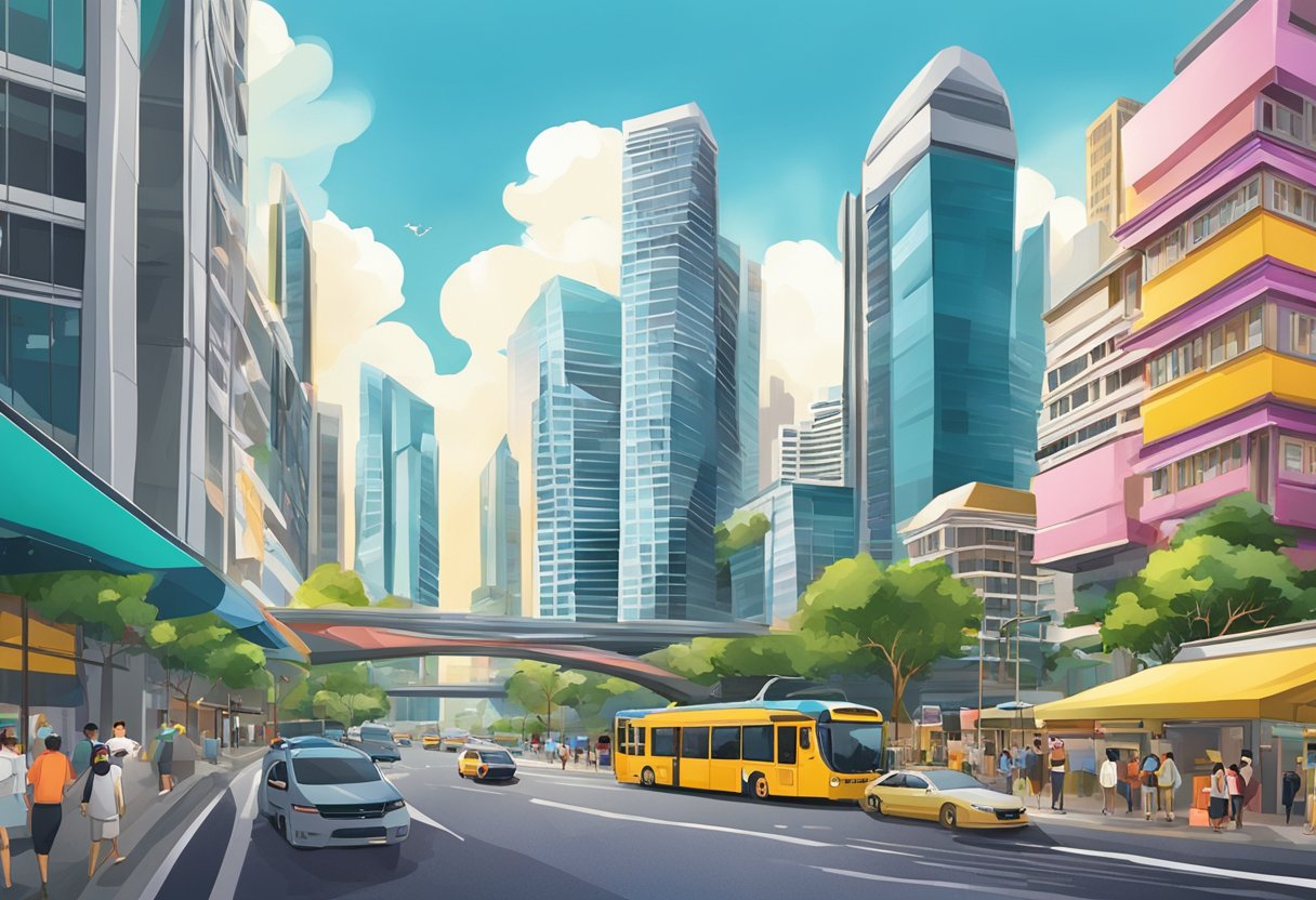 A vibrant Singapore cityscape with the iconic ISCA building as the focal point, surrounded by bustling streets and modern architecture
