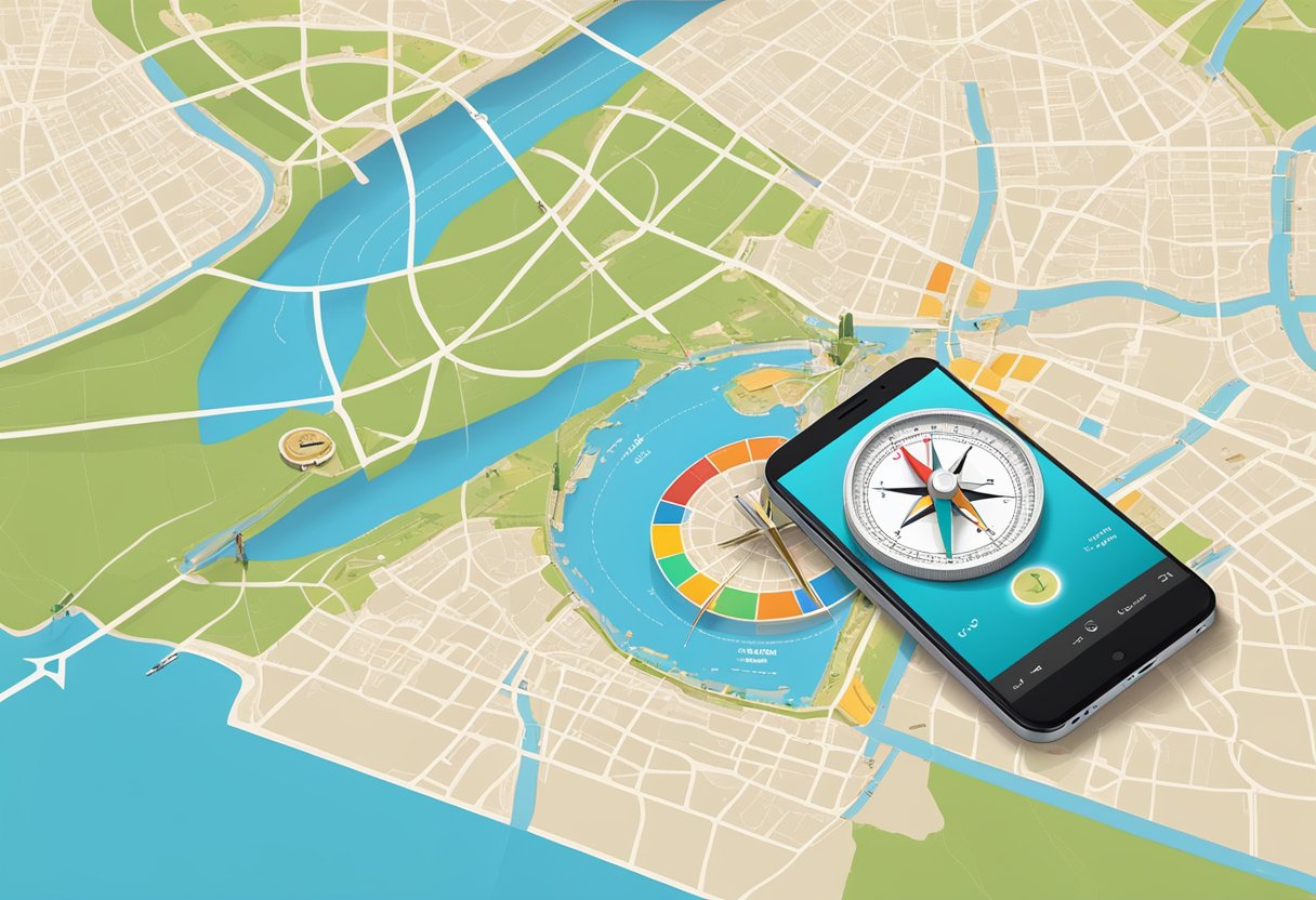 A compass pointing towards Mecca, a smartphone with a kiblat app, a map of Singapore, and a protractor for accurate calculations