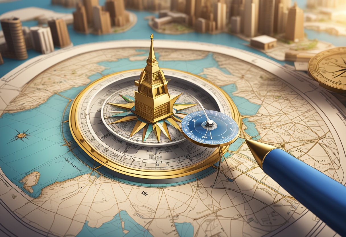 A compass pointing towards Mecca in a modern Singaporean setting