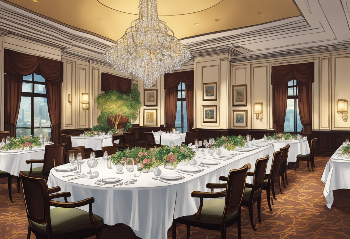 The elegant dining room of Lawry's The Prime Rib Singapore, with dim lighting, white tablecloths, and a grand chandelier