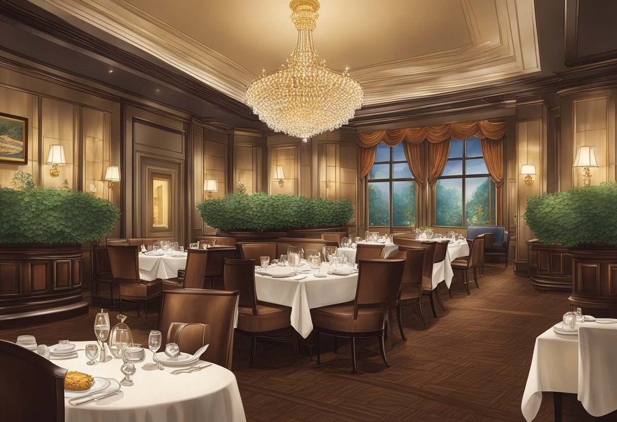 The elegant dining room at Lawry's The Prime Rib Singapore, with dim lighting, plush seating, and a grand chandelier as the focal point