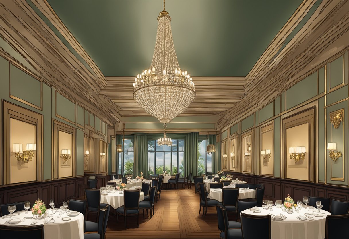 A luxurious dining room with dim lighting, elegant table settings, and a grand chandelier hanging from the ceiling at Lawry's The Prime Rib in Singapore