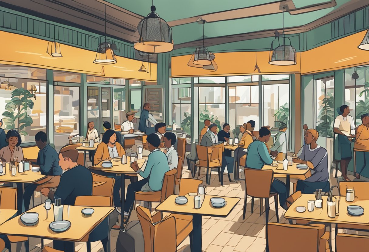 A bustling restaurant with a prominent "Frequently Asked Questions" sign at the entrance, diners enjoying their meals, and staff moving around efficiently