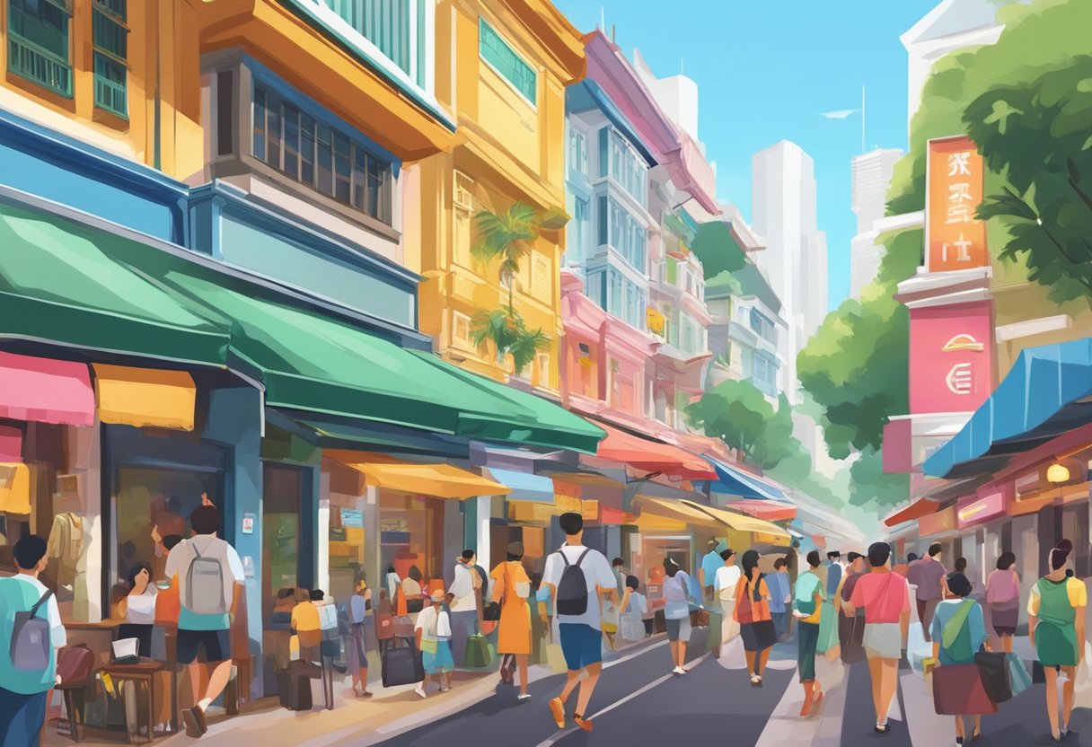 The bustling Bugis area in Singapore features a row of colorful hotels, with vibrant signs and bustling activity