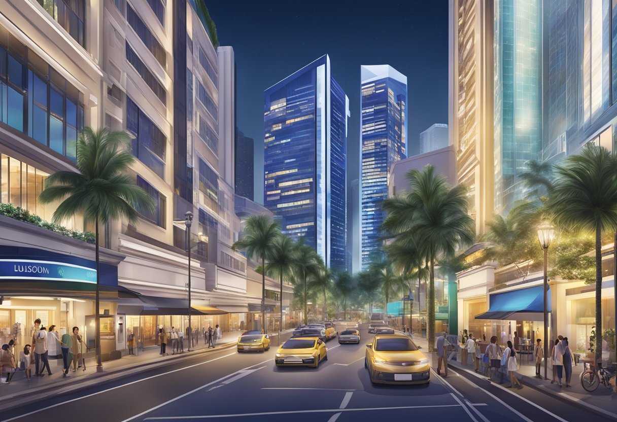 Luxurious hotels in Bugis area, Singapore. Tall buildings with modern architecture, surrounded by bustling streets and vibrant city lights