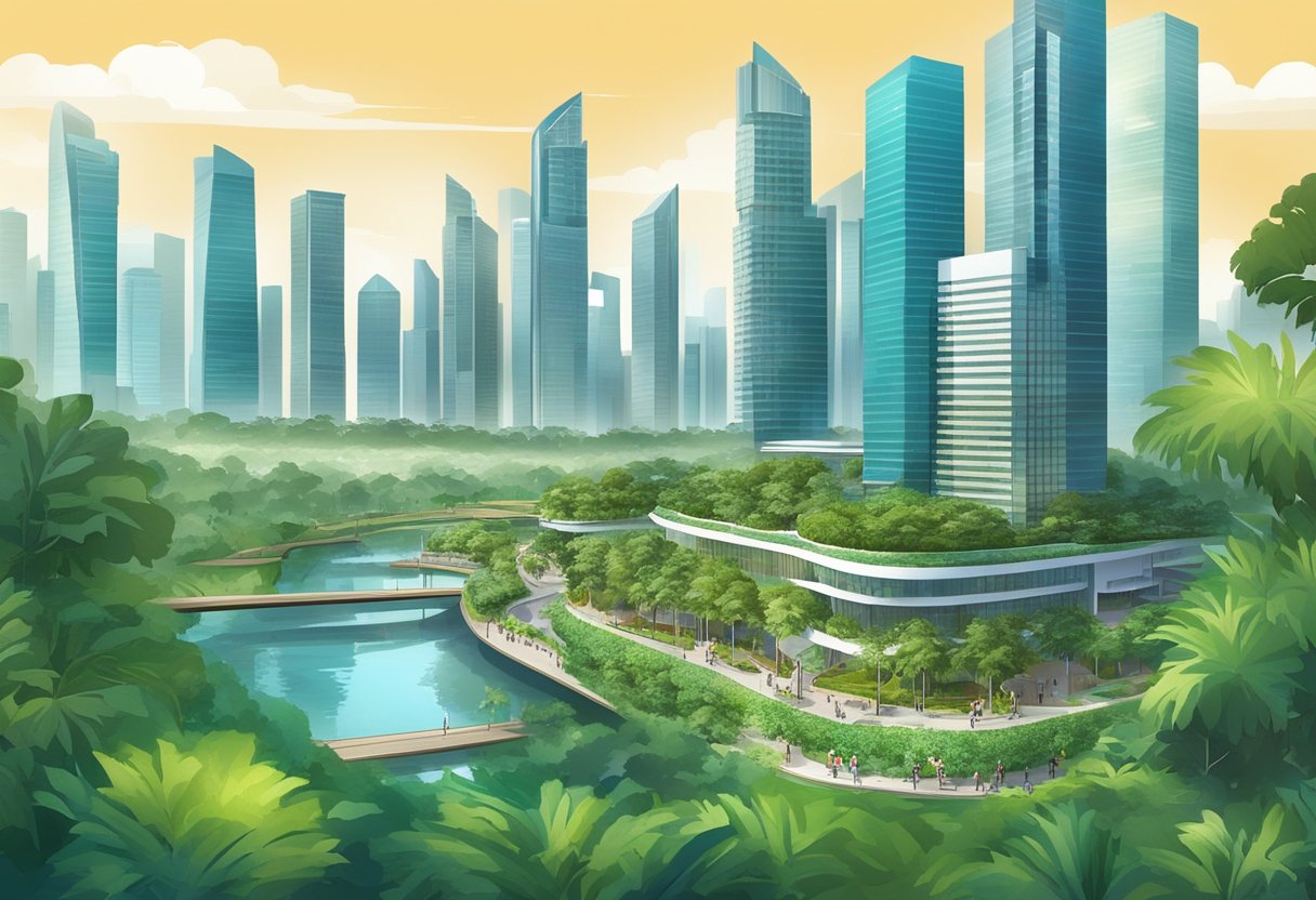 A bustling cityscape with modern skyscrapers and lush greenery, showcasing the vibrant energy and urban development of MSD Singapore