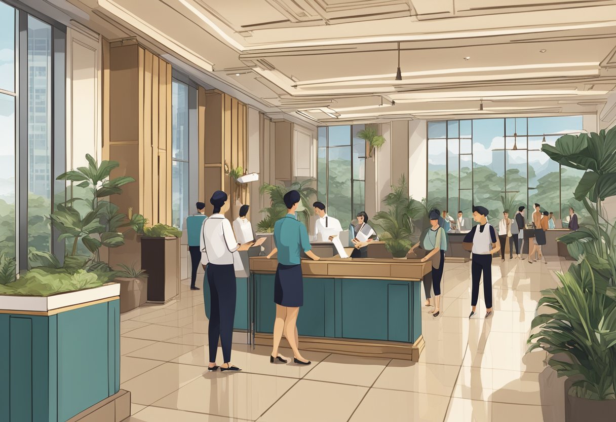 A busy hotel lobby in Bugis, Singapore with guests and staff interacting, a front desk handling inquiries, and a sign displaying "Frequently Asked Questions."