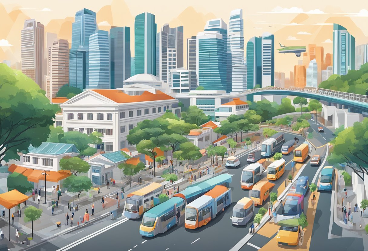 A bustling cityscape with iconic Singapore landmarks and MSD's presence, showcasing its impact on the local community