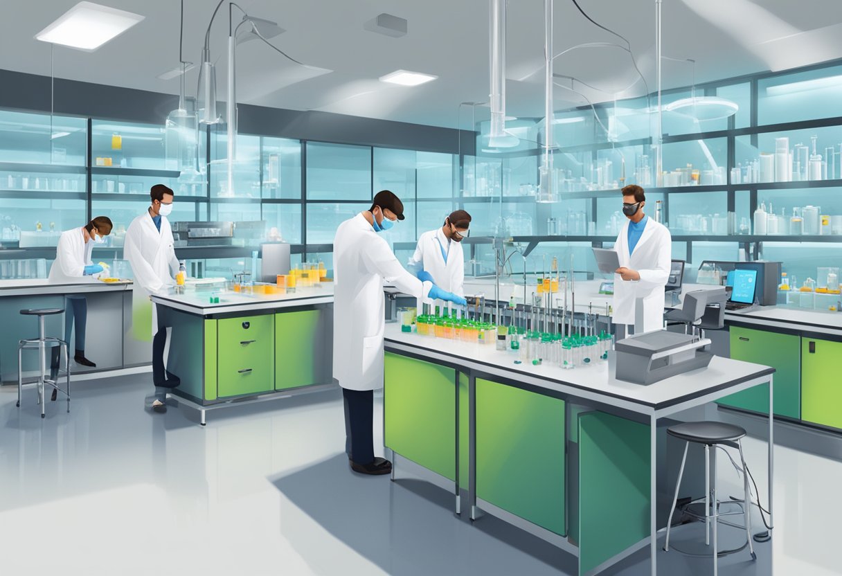 A group of workers in lab coats and safety goggles conducting experiments in a modern laboratory setting, with MSD's corporate logo prominently displayed