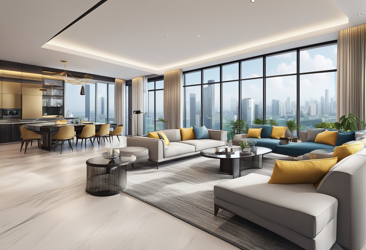 A luxurious penthouse in Singapore with a panoramic city view, modern furniture, and floor-to-ceiling windows