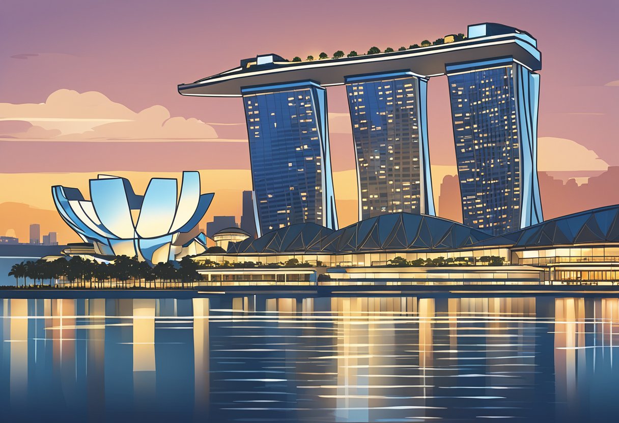 The iconic Marina Bay Sands hotel and the Singapore skyline shimmering in the evening light
