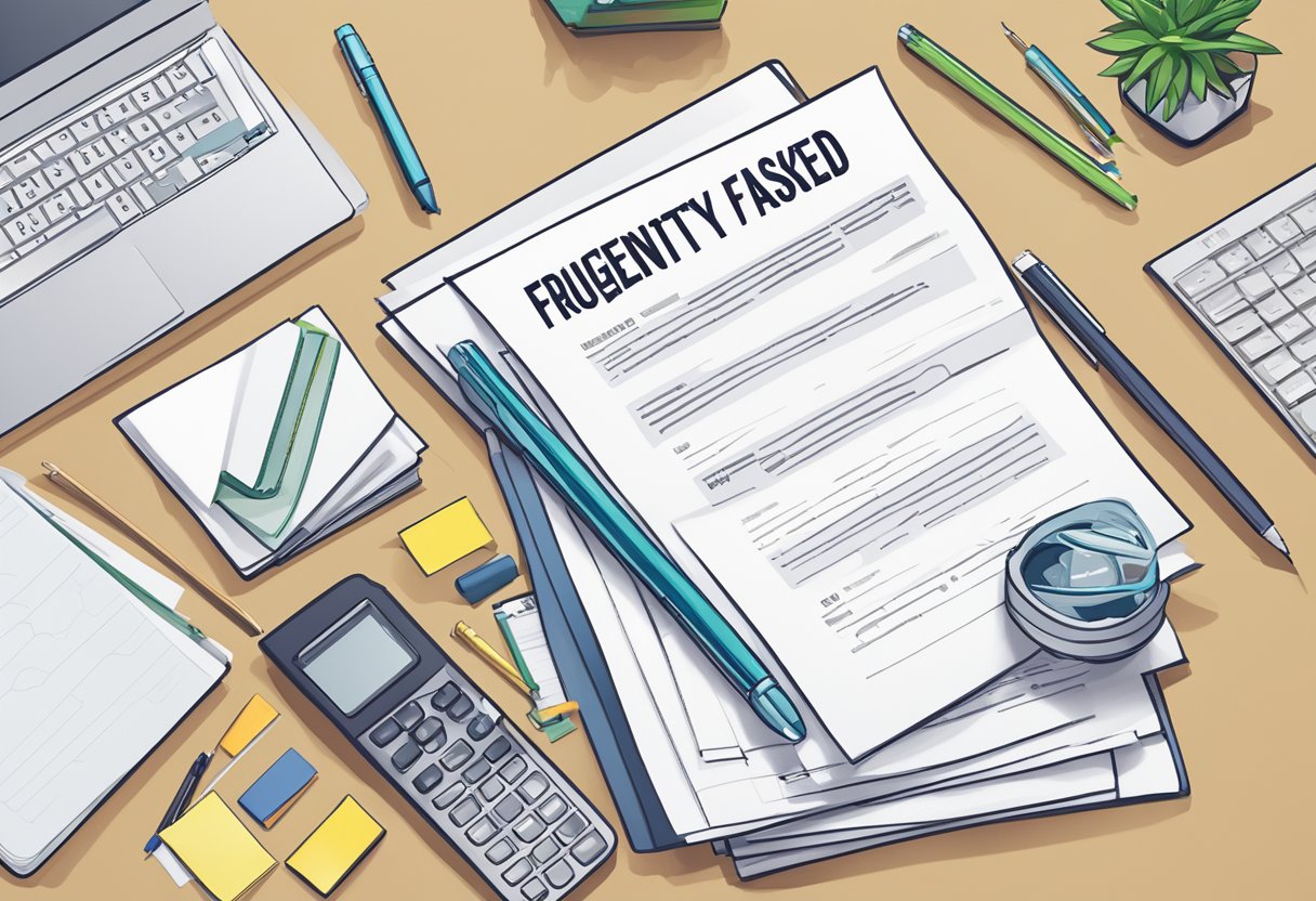 A stack of FAQ sheets with the title "Frequently Asked Questions MSD Singapore" on a desk, surrounded by a computer, pen, and office supplies