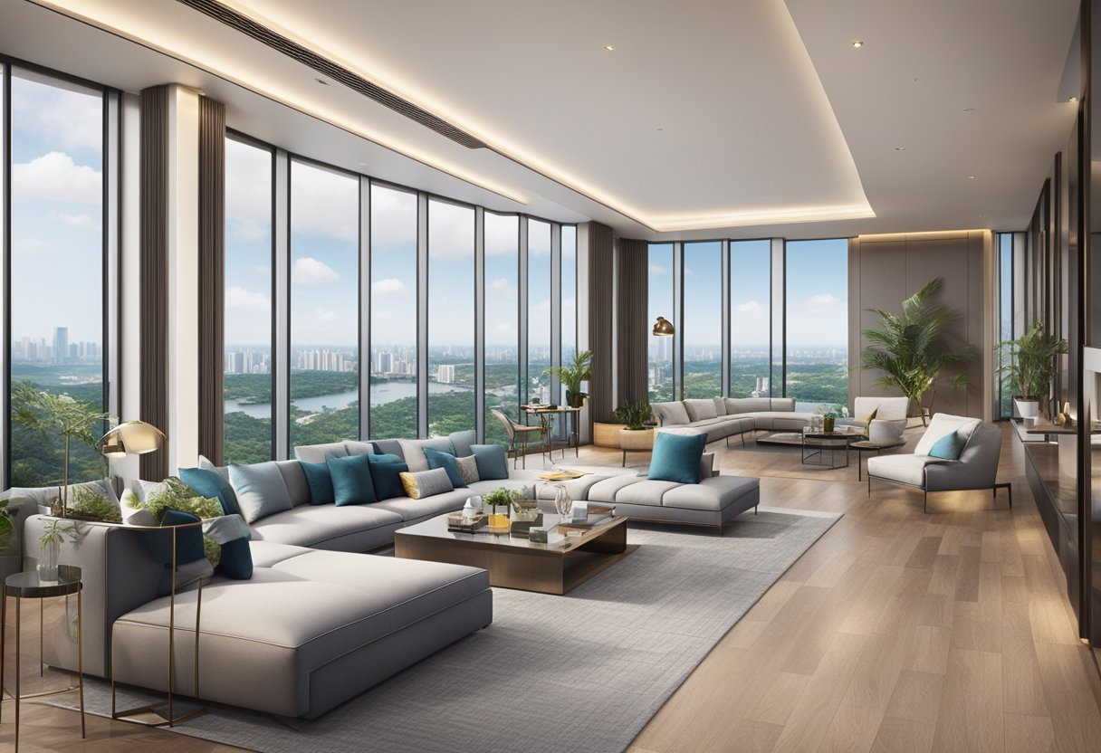 A luxurious penthouse in Singapore with panoramic city views, modern furnishings, and expansive floor-to-ceiling windows