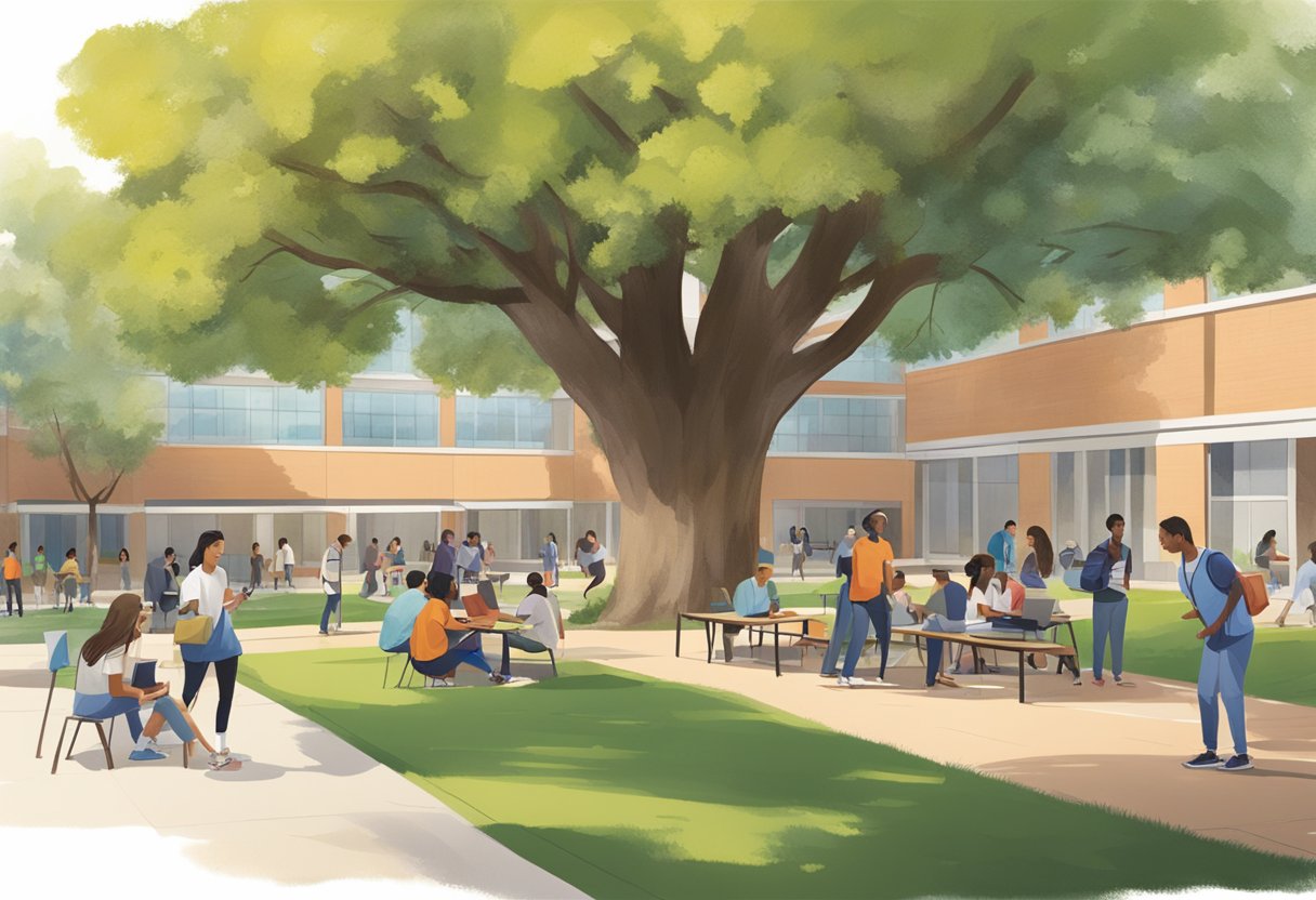 Students studying under a tree, others playing sports, a group chatting in the campus courtyard, and staff assisting a student in the support center