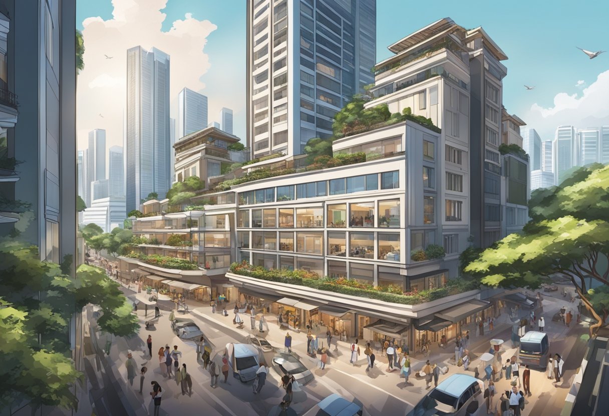 A bustling market scene with luxury penthouses on display, surrounded by eager buyers and real estate agents in the heart of Singapore