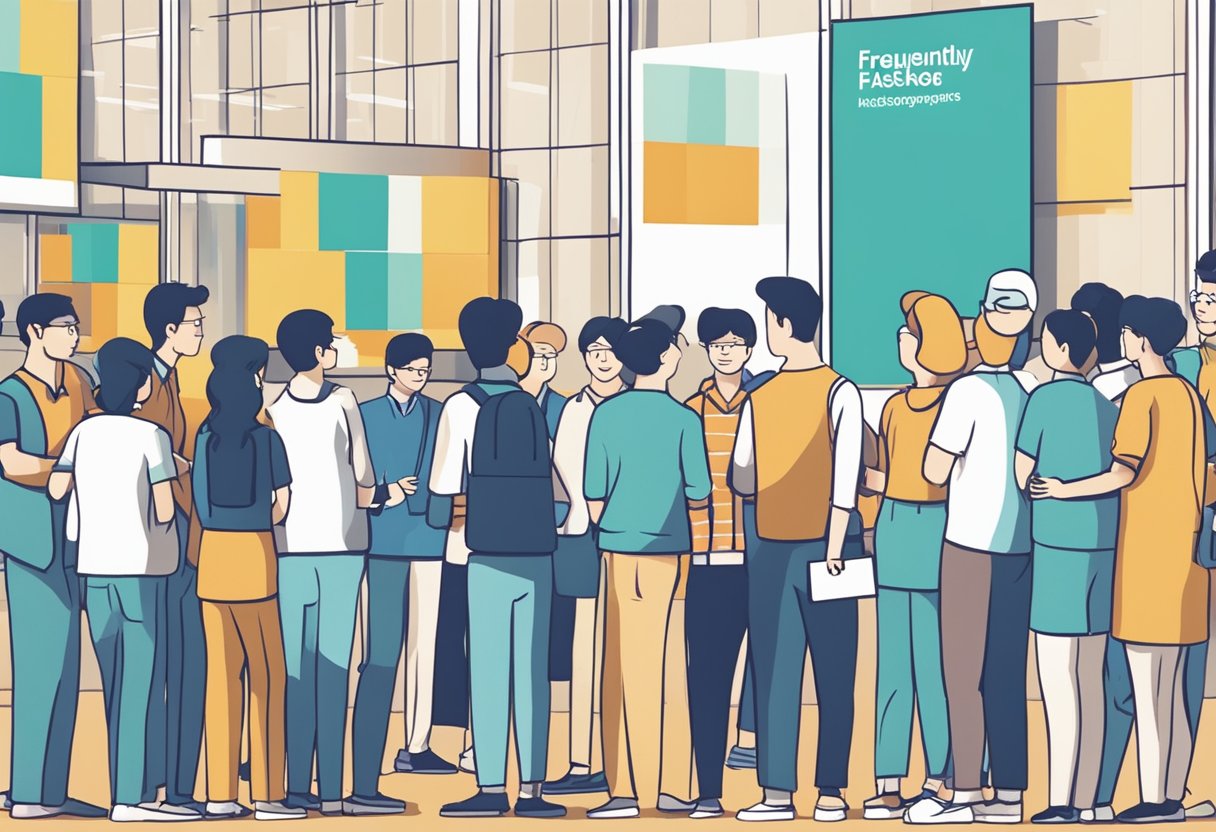 A group of people gather around a sign that reads "Frequently Asked Questions mdis singapore," pointing and discussing