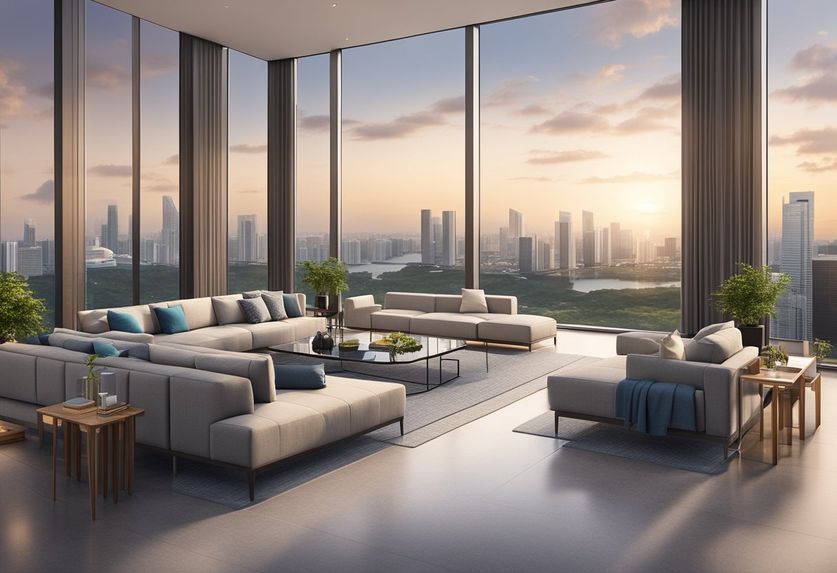 A modern penthouse in Singapore with a sleek design, panoramic city views, and a spacious layout for hosting events and gatherings