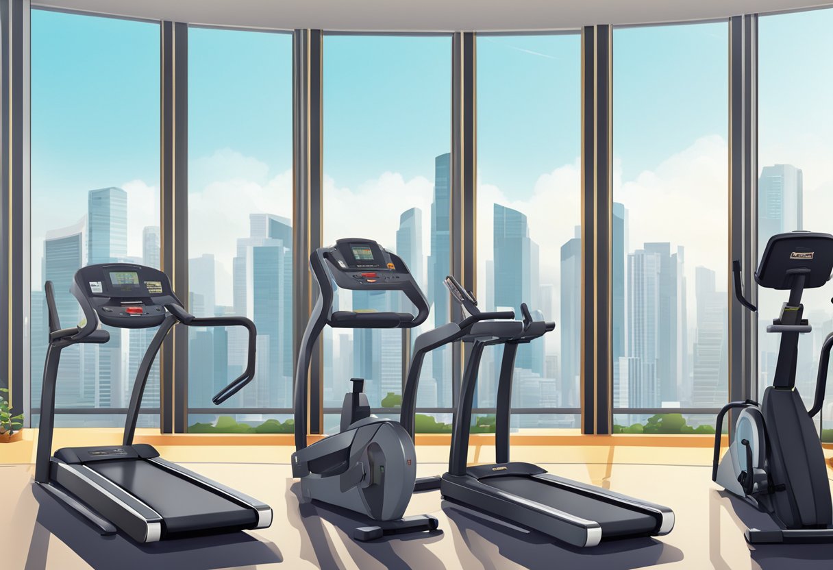A vibrant gym in Singapore, with modern equipment and large windows overlooking the city skyline