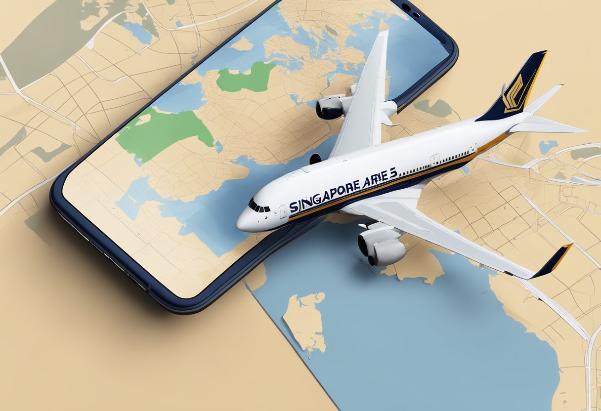 A smartphone with the Singapore Airlines logo displayed, alongside a contact number, against a backdrop of a world map and an airplane icon