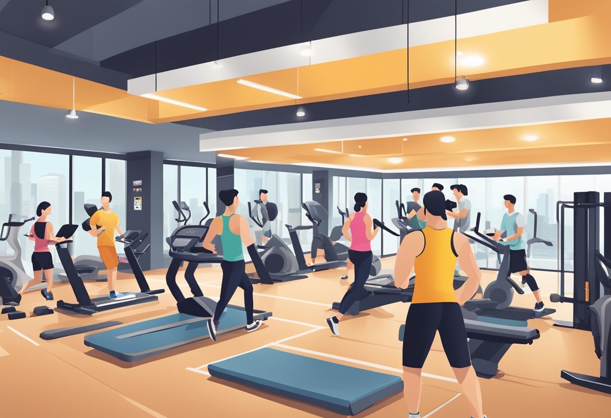 People comparing gym membership options in a modern Singapore gym with various amenities and facilities