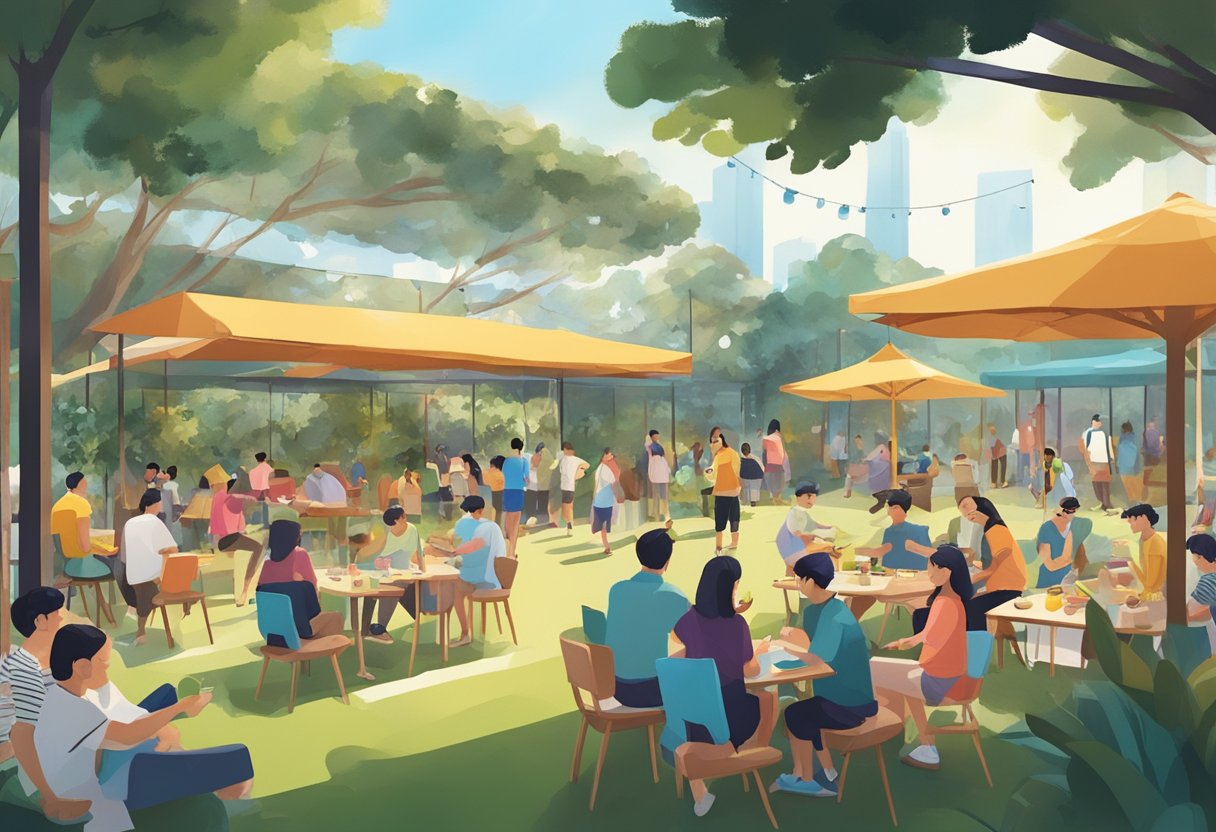 People enjoying outdoor activities at Saturday Club Singapore. Music, food, and laughter fill the air as visitors explore the vibrant atmosphere