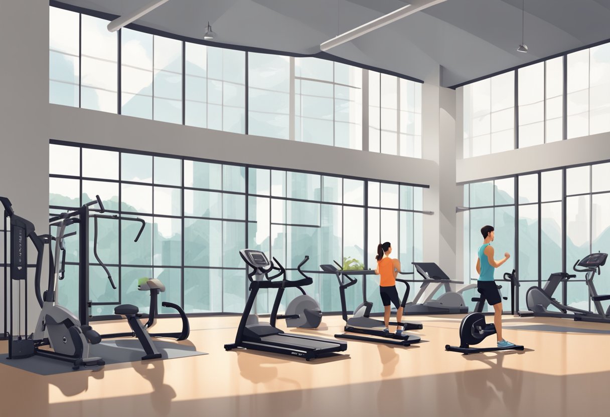 People exercising with various gym equipment in a modern, spacious gym with large windows and natural light