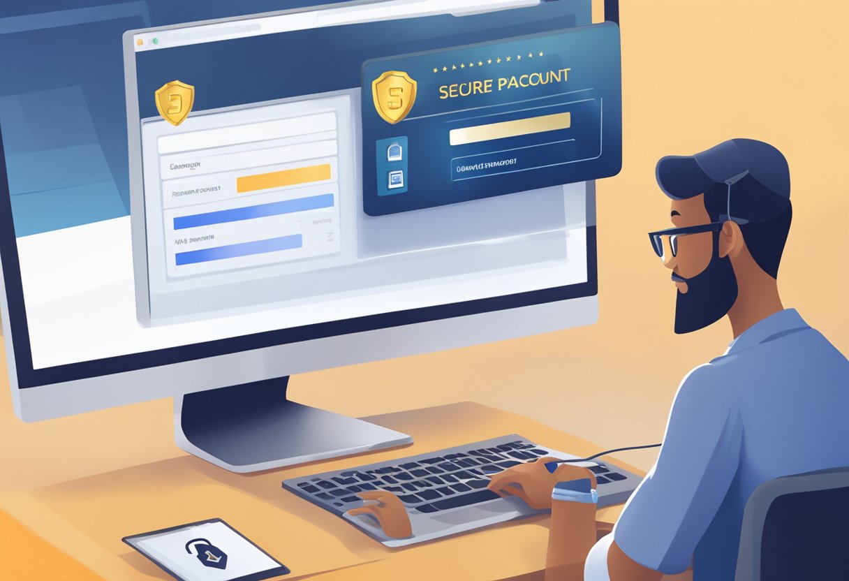 A person entering a secure password on a computer while a padlock icon appears on the screen, symbolizing secure account management with Singapore Airlines contact number displayed