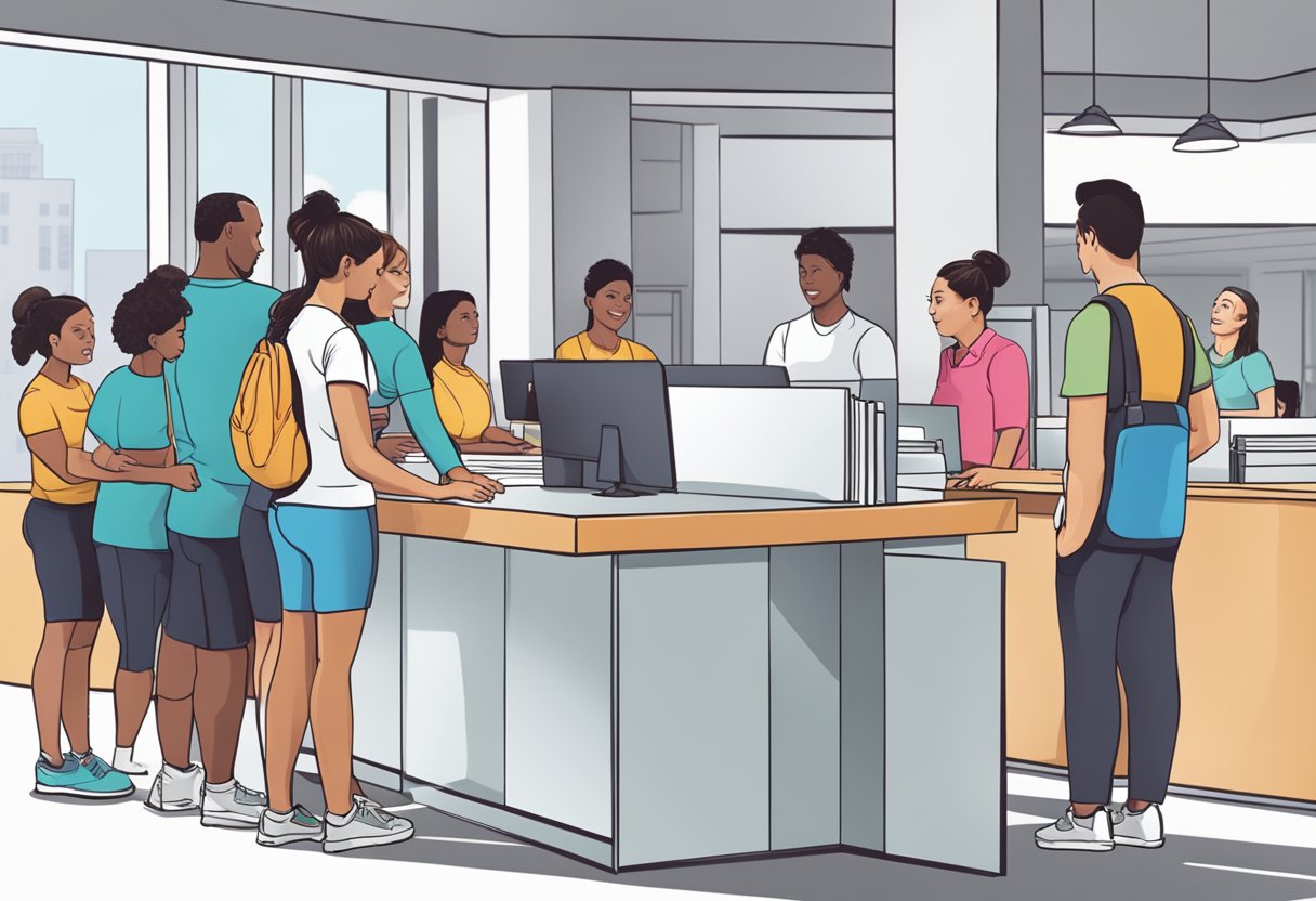 People lining up at a gym reception desk, asking questions about memberships. Staff assisting with information and brochures