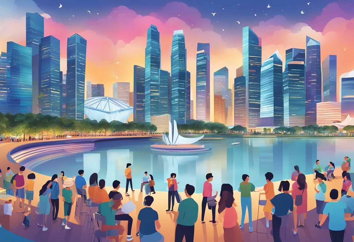 A group of people gather at a vibrant, modern space, engaging in activities and conversations, with a backdrop of the Singapore skyline