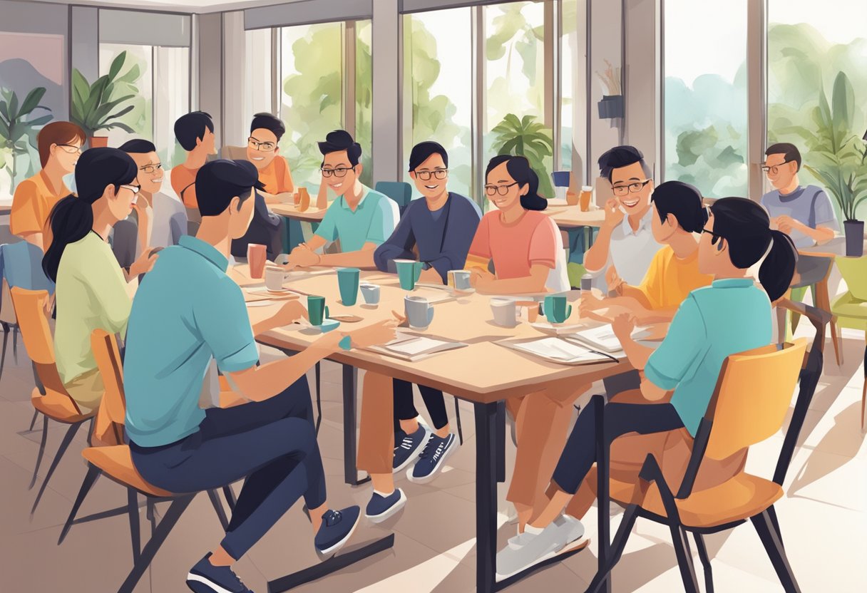 A group of people gather at the Saturday Club in Singapore, engaging in lively discussions and activities, with a friendly and welcoming atmosphere