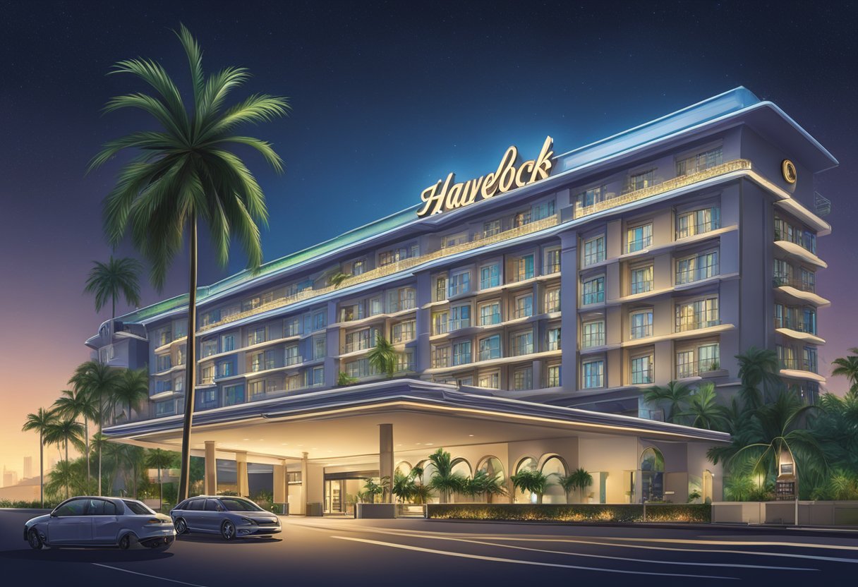 The hotel sign "Havelock Road Hotel Miramar Singapore" stands tall against a backdrop of city lights, with palm trees lining the entrance