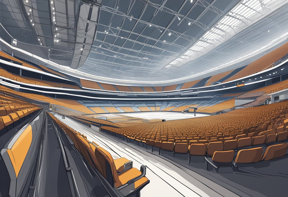 The Singapore Indoor Stadium is filled with rows of empty seats, stretching up to the high ceiling, creating a sense of vastness and potential for a large crowd