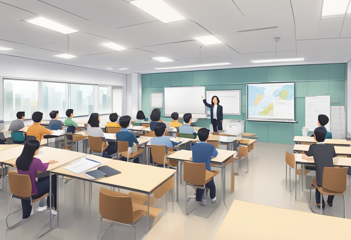 A classroom filled with students and instructors engaged in academic and professional training at the Singapore College of Insurance