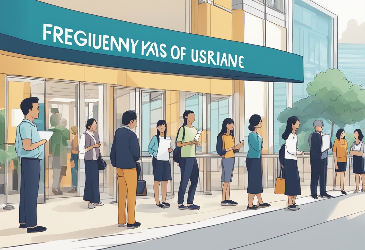 A group of people standing in line outside the Singapore College of Insurance, with a sign displaying "Frequently Asked Questions" prominently displayed