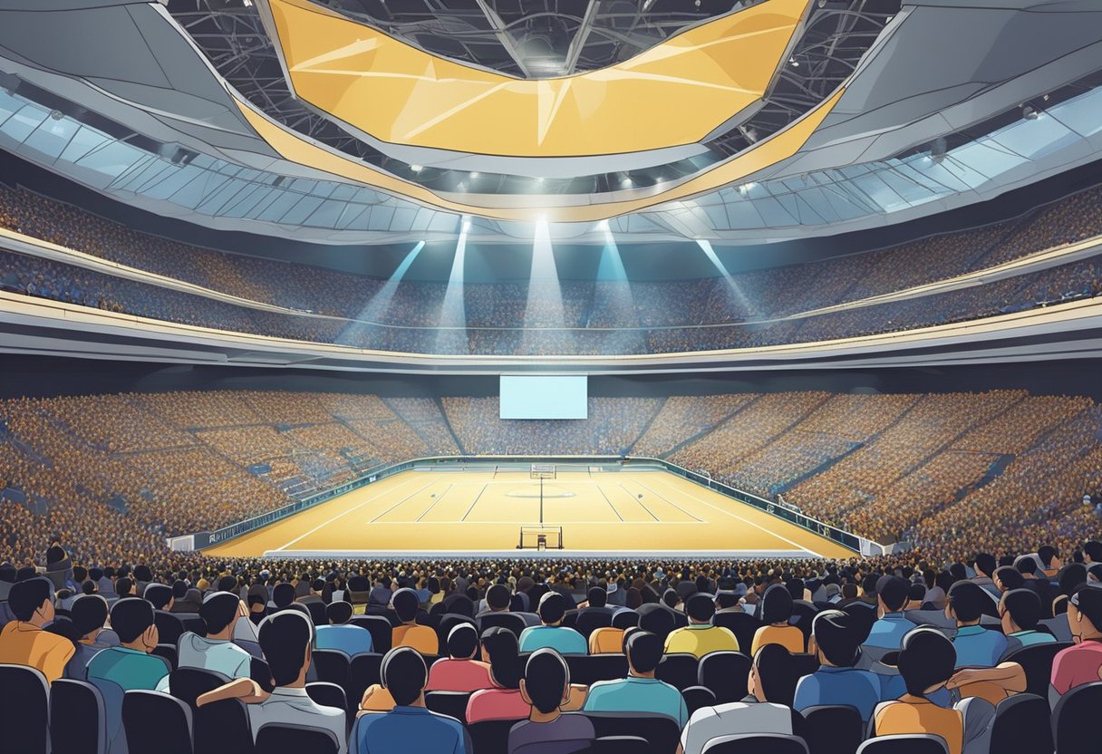 The Singapore Indoor Stadium is filled with rows of seats, a large stage, and a high ceiling. The capacity crowd creates a buzzing atmosphere