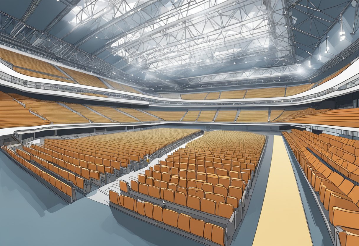 The Singapore Indoor Stadium is filled with rows of seats, accommodating a large crowd. The stage is set up in the center, with bright lights illuminating the space
