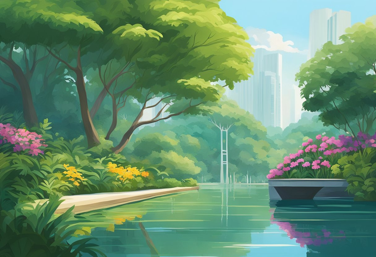 Lush greenery surrounds a serene bay in Garden by the Bay, Singapore. The calm waters reflect the vibrant colors of the flora, creating a picturesque scene for an illustrator to recreate
