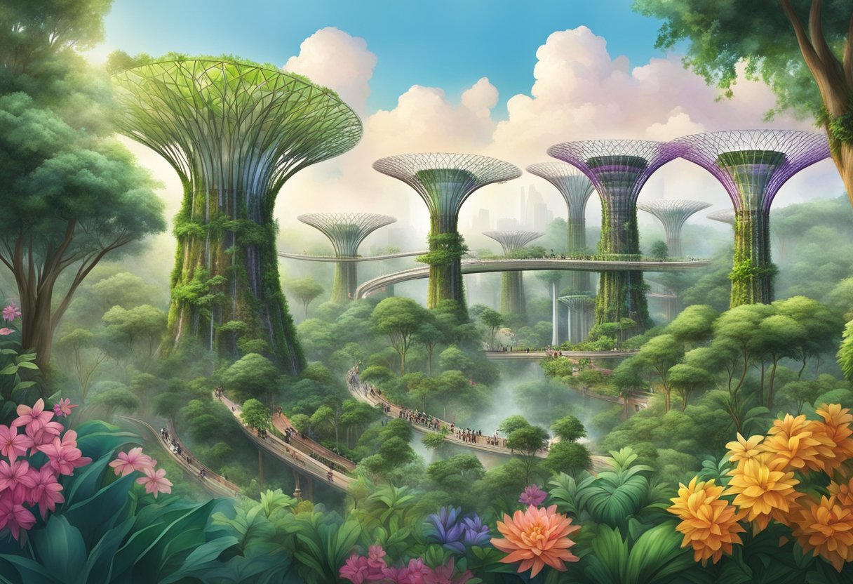 Lush greenery cascades from towering supertrees, while colorful blooms adorn the sprawling flower dome and cloud forest at Gardens by the Bay, Singapore