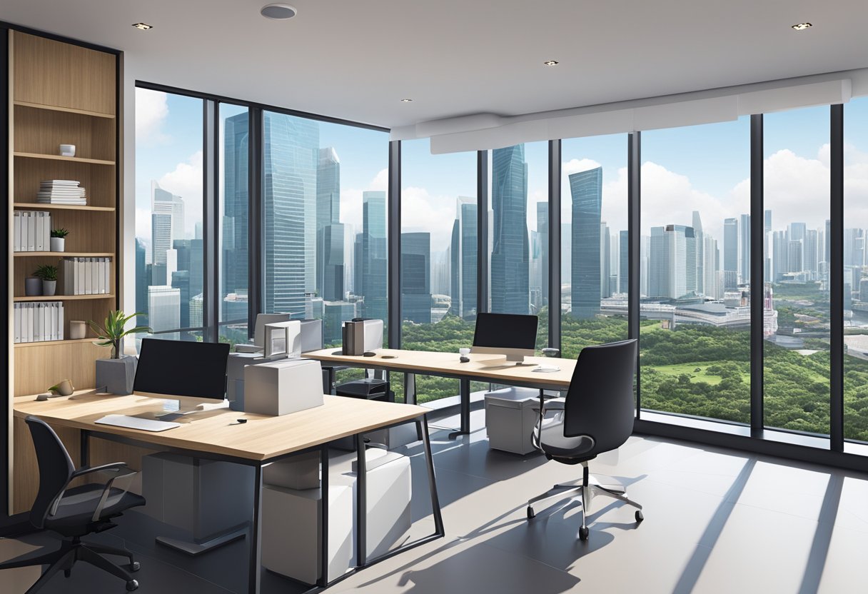 A modern office space in Singapore with sleek furniture, large windows, and a panoramic view of the city skyline