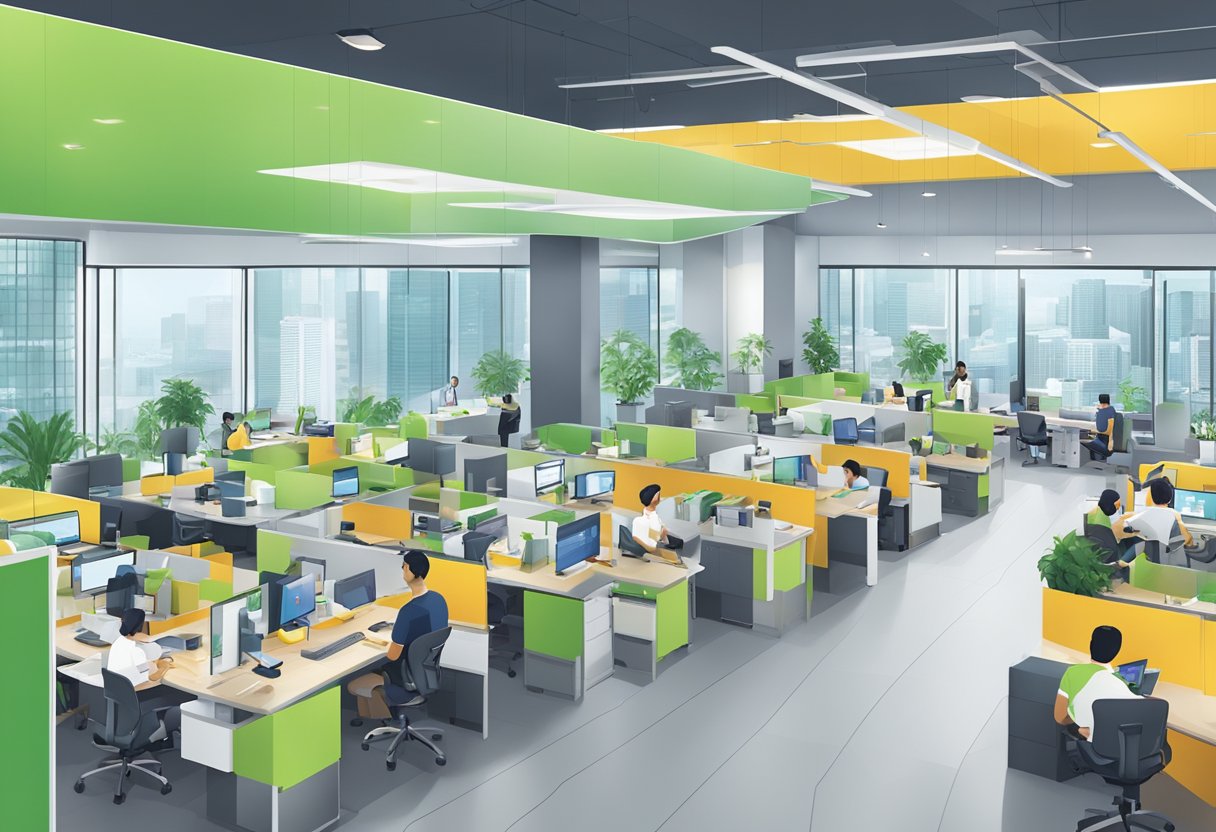 The bustling Grab office in Singapore, with employees working on cutting-edge technology, shaping the city's digital landscape