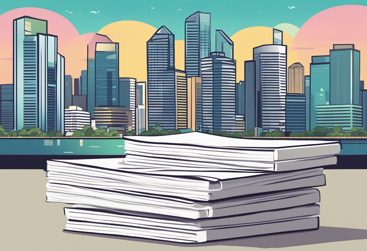 A stack of FAQ papers with "Frequently Asked Questions" in bold font, surrounded by office supplies and a Singapore cityscape in the background