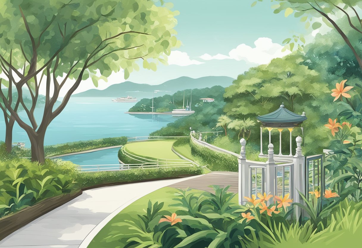 A serene garden with lush greenery and a peaceful bay in the background, with a sign reading "Frequently Asked Questions" in Singapore
